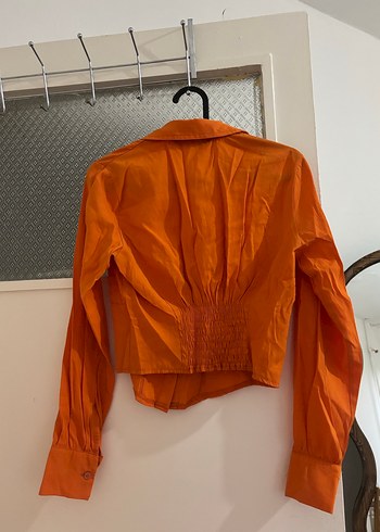 Düğmeli Turuncu Keten Kadın Gömlek - Görsel 3