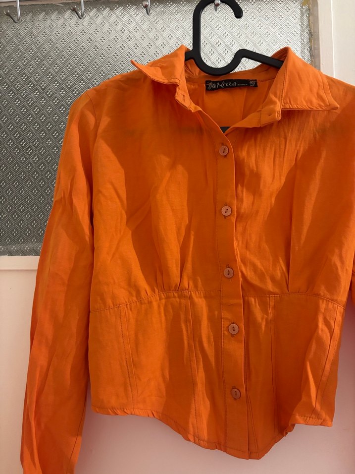 Düğmeli Turuncu Keten Kadın Gömlek - Görsel 2