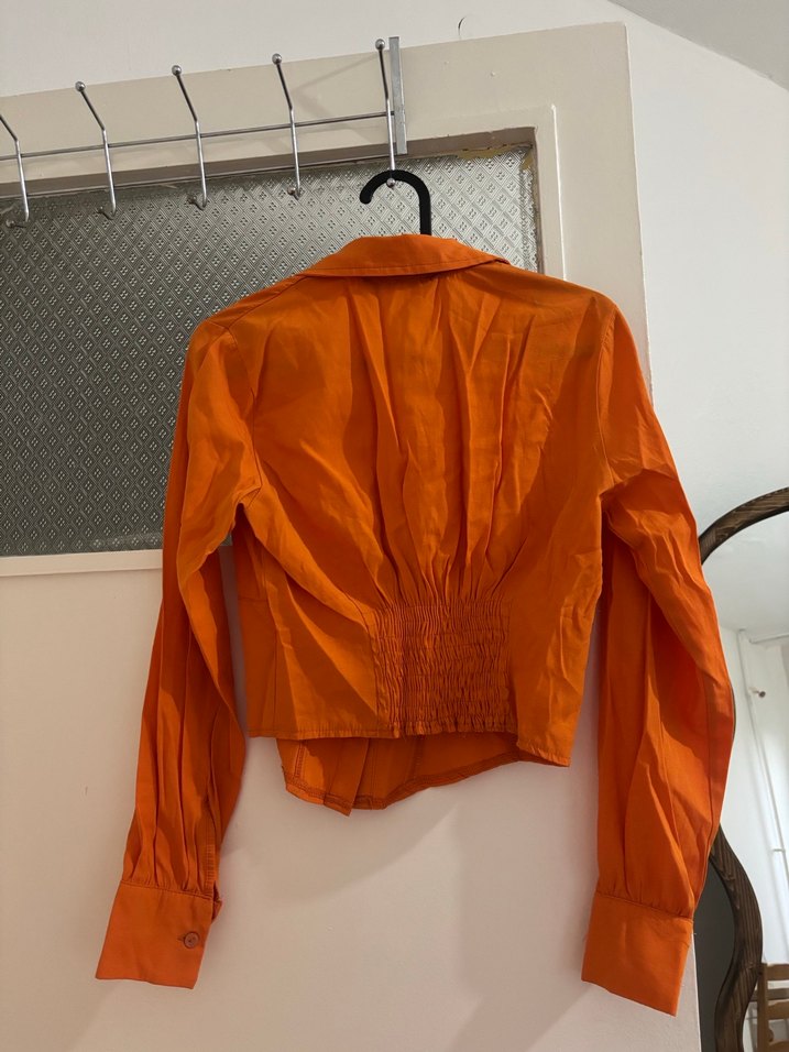 Düğmeli Turuncu Keten Kadın Gömlek - Görsel 3