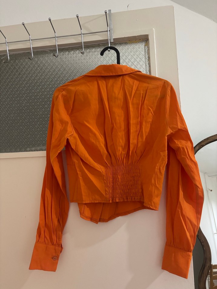 Düğmeli Turuncu Keten Kadın Gömlek - Görsel 4