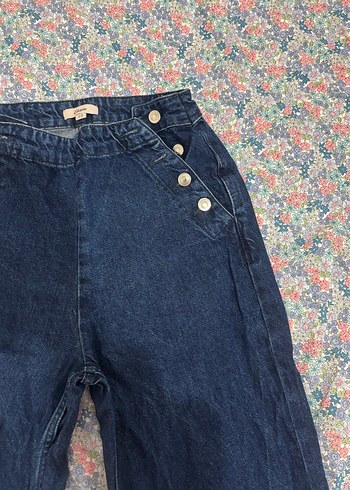 Düğmeli Bol Kesim Midi Mavi Kadın Kot Pantolon - Görsel 2