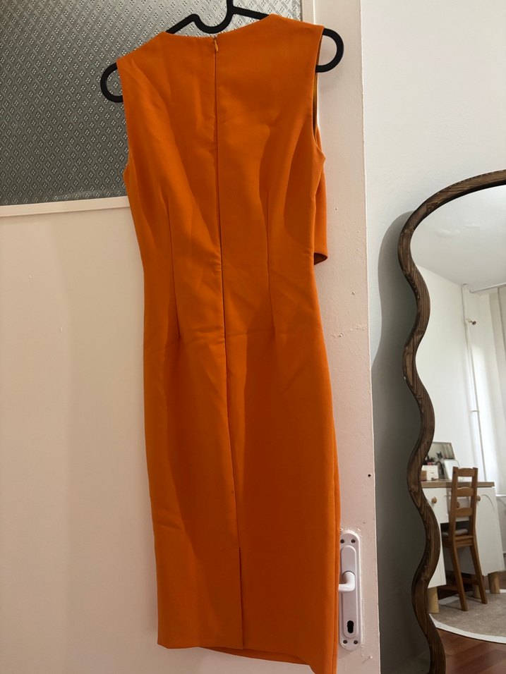 Turuncu Drapeli Midi Ofis Elbisesi - Görsel 3