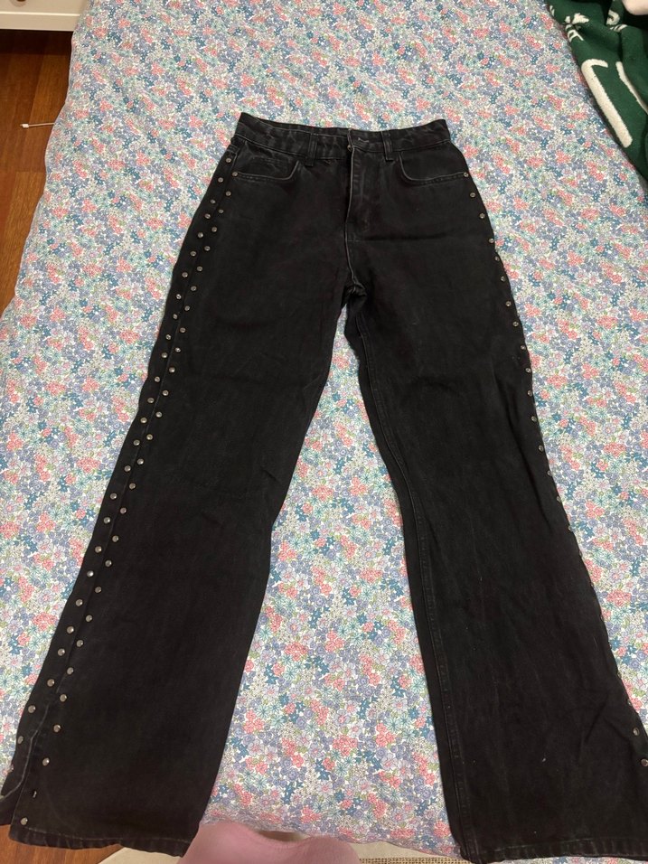 Düğmeli Siyah Tie-Dye Grunge Kot Pantolon - Görsel 2