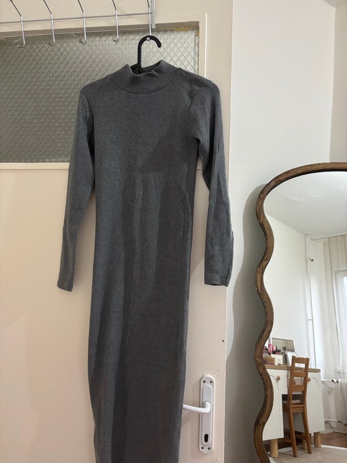 Gri ve Haki Uzun Kollu Fit Triko Elbise - Görsel 2