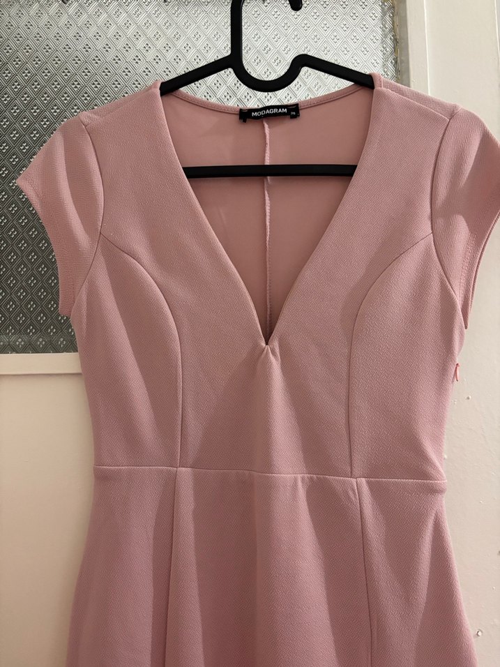 Pembe V Yaka Uzun Abiye Elbise - Görsel 2