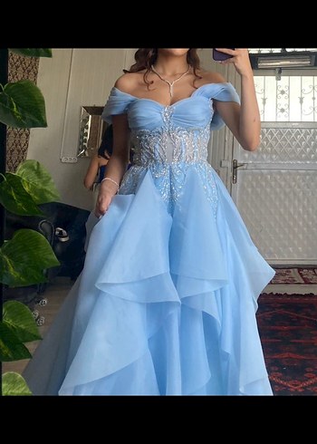 Mavi Straplez Nakışlı Uzun Abiye Elbise - Görsel 2