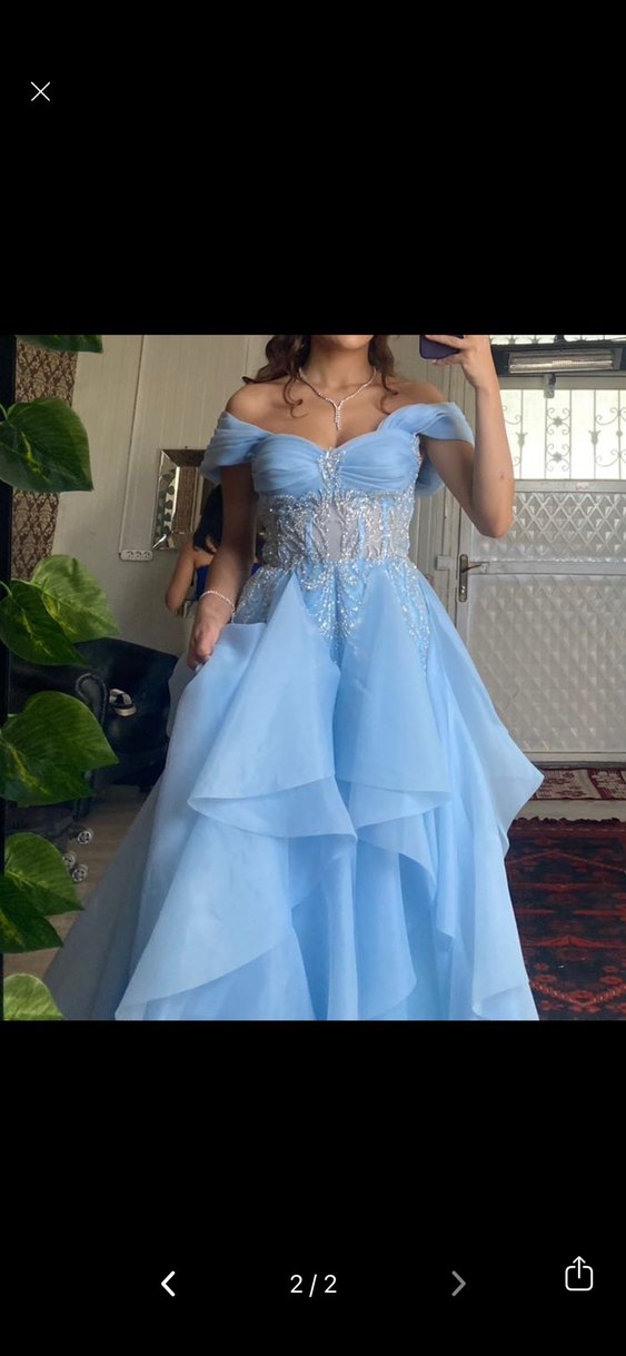 Mavi Straplez Nakışlı Uzun Abiye Elbise - Görsel 2