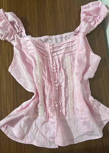 Pembe Mini Düğmeli Nakışlı Pamuk Bluz - Görsel 3