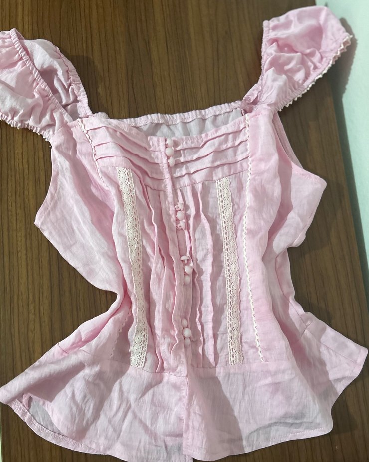 Pembe Mini Düğmeli Nakışlı Pamuk Bluz - Görsel 4