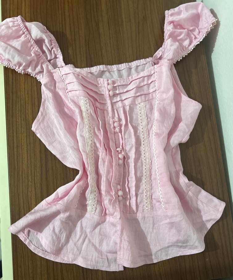 Pembe Mini Düğmeli Nakışlı Pamuk Bluz - Görsel 3