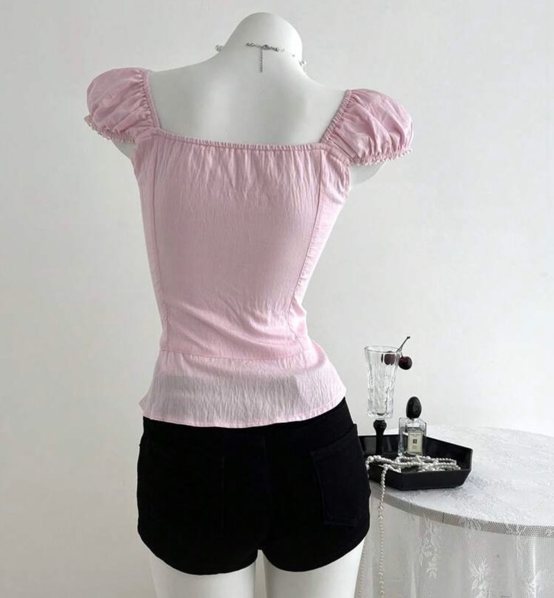 Pembe Mini Düğmeli Nakışlı Pamuk Bluz - Görsel 2