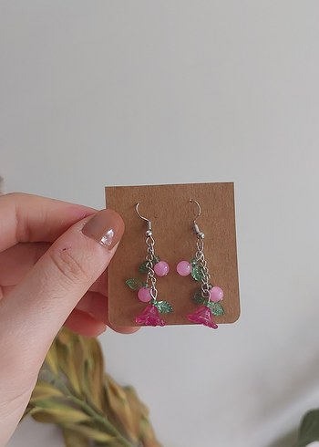 Pembe Boncuklu Çiçek Desenli Bohem Küpe - Görsel 2