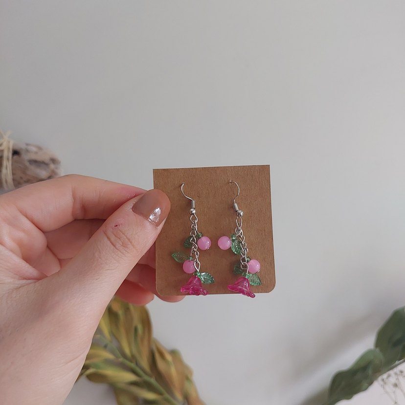 Pembe Boncuklu Çiçek Desenli Bohem Küpe - Görsel 2