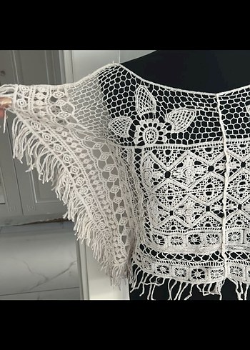 m Beden Etnik Desenli Bej Dantel Detaylı Bohem Bluz