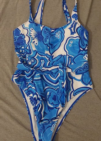 s Beden Mavi Batik Desenli Kemerli Kadın Mayo