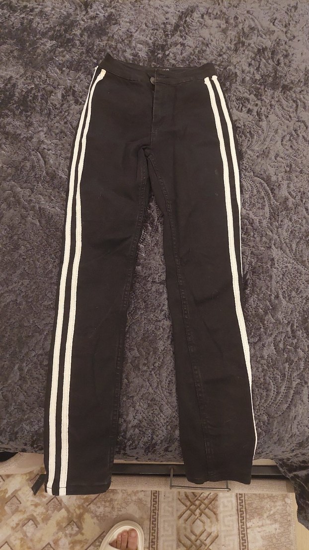 Siyah Çizgili Kadın Denim Cigarette Pantolon - Görsel 2