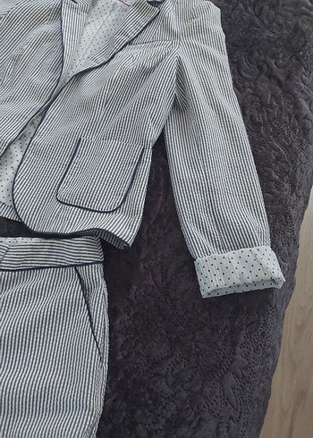 s Beden Çizgili Gri Mini Denim Blazer Şortlu Takim