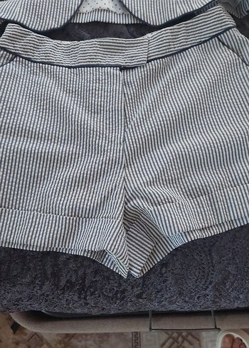 s Beden gri Renk Çizgili Gri Mini Denim Blazer Şortlu Takim