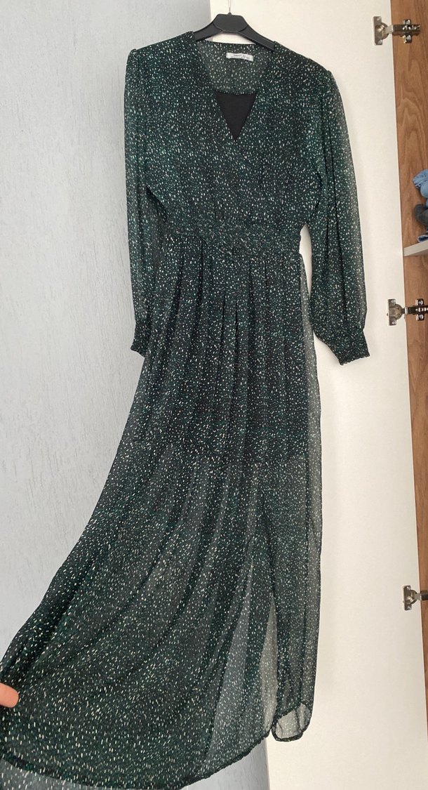 Yeşil Puantiyeli V Yakalı Uzun Elbise - Görsel 4