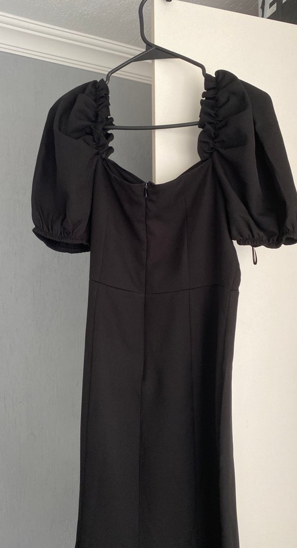 Siyah Uzun V Yaka Drapeli Keten Elbise - Görsel 4