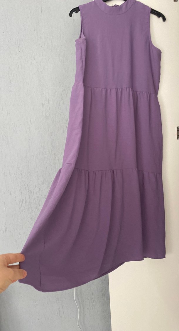 Kadın Mor Keten Uzun Elbise - Görsel 4