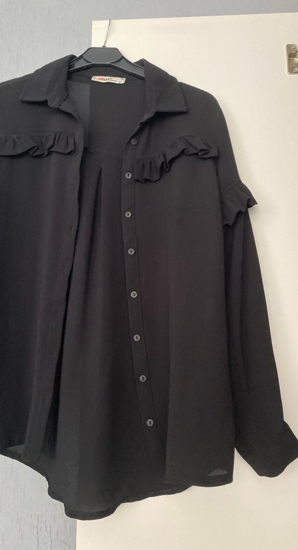 Kadın Siyah Keten Uzun Kollu Fırfırlı Gömlek - Görsel 4