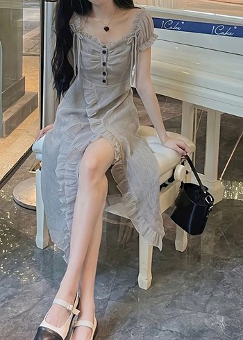 Gri Simli Coquette Midi Elbise - Görsel 2