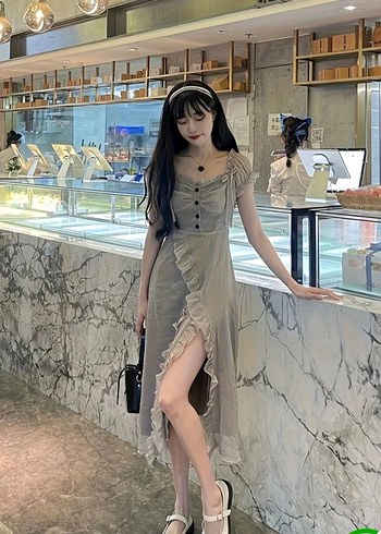 Gri Simli Coquette Midi Elbise - Görsel 4