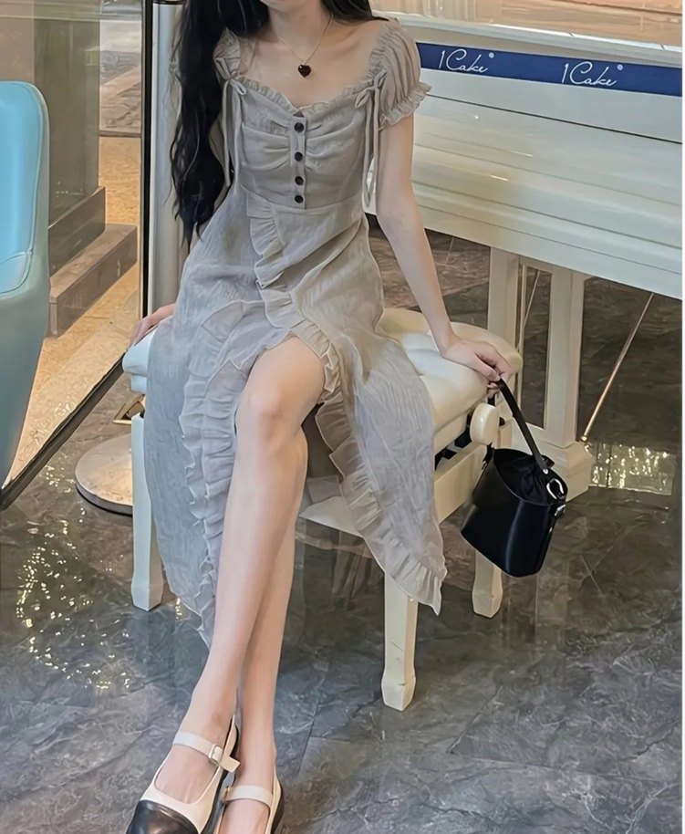 Gri Simli Coquette Midi Elbise - Görsel 2