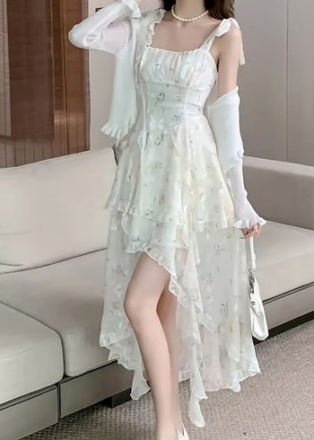 Krem Fairycore Uzun Askılı Elbise - Görsel 3