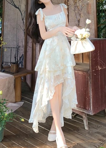 Krem Fairycore Uzun Askılı Elbise - Görsel 2