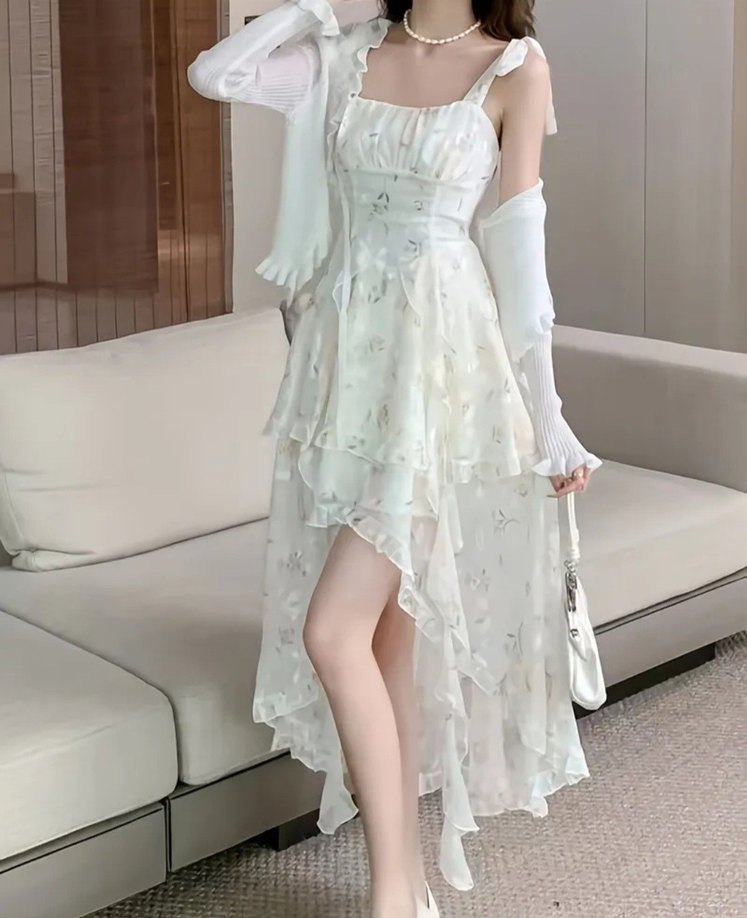 Krem Fairycore Uzun Askılı Elbise - Görsel 3