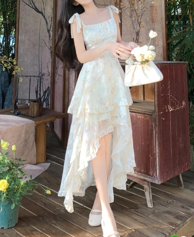 Krem Fairycore Uzun Askılı Elbise - Görsel 2