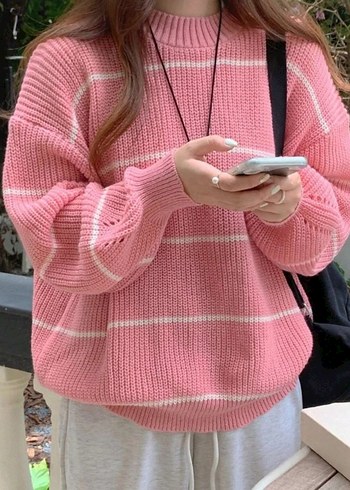 Pembe Çizgili Rahat Triko Kazak - Görsel 2