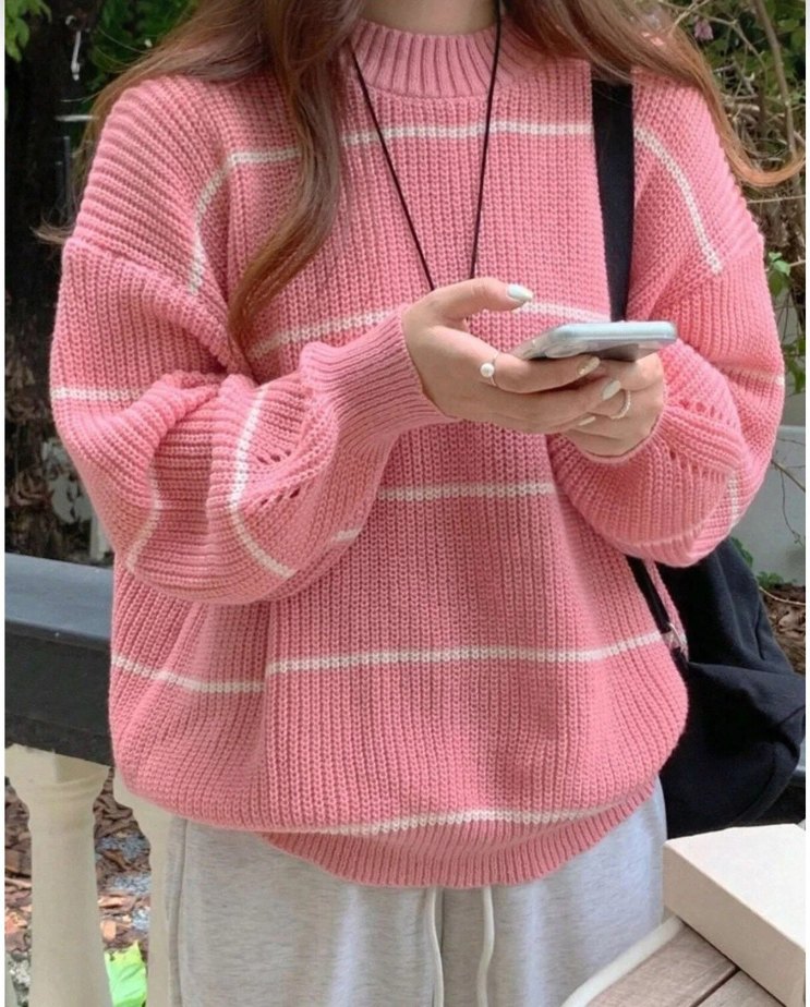 Pembe Çizgili Rahat Triko Kazak - Görsel 2