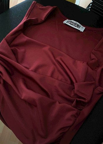 Beli Saran Bordo Kare Yaka Crop Bluz - Görsel 2