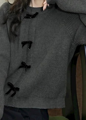 Gri Örgü Triko Kadın Kazak - Görsel 2