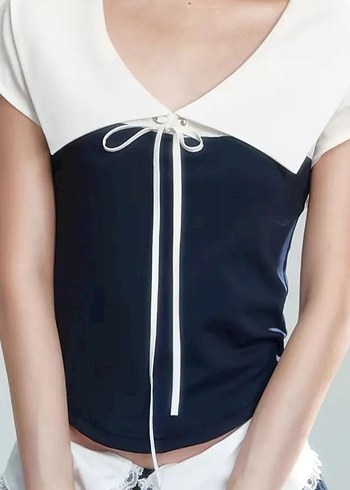 Lacivert coquette bluz yaka ve kurdele detaylı - Görsel 3