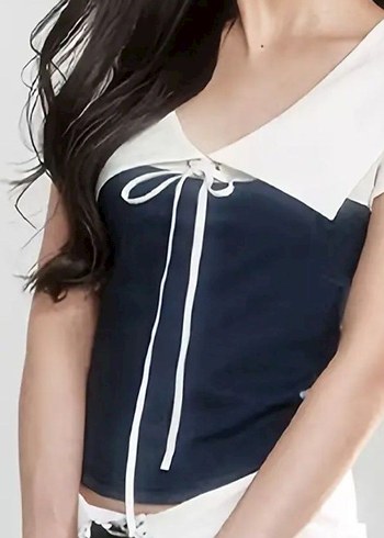 Lacivert coquette bluz yaka ve kurdele detaylı - Görsel 2