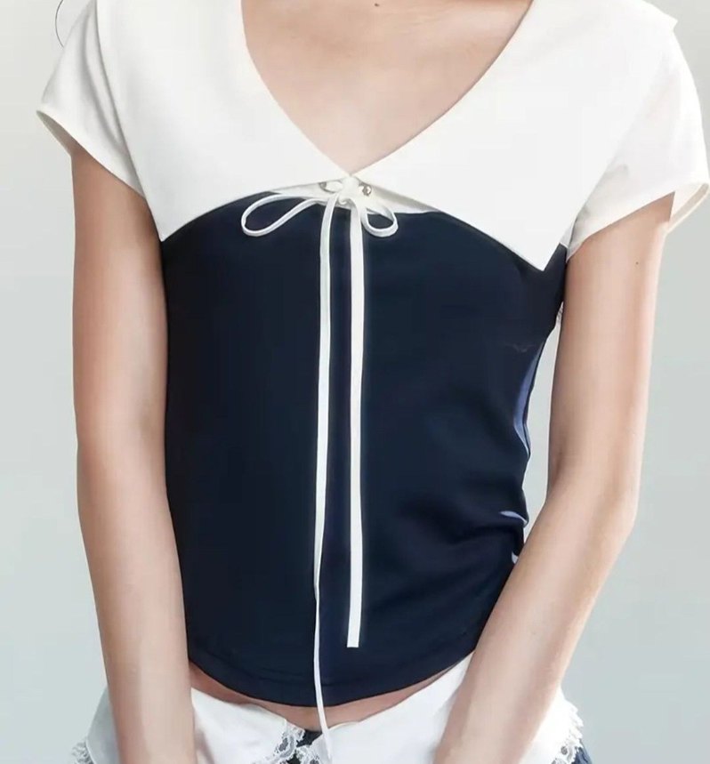 Lacivert coquette bluz yaka ve kurdele detaylı - Görsel 3