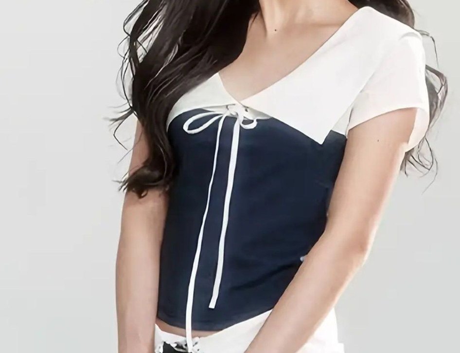 Lacivert coquette bluz yaka ve kurdele detaylı - Görsel 2