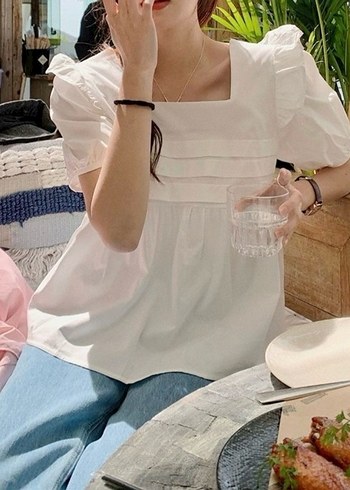 Beyaz Balon Kollu Arkadan Daraltılabilen Pinterest Bluz - Görsel 5