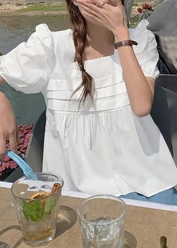 Beyaz Balon Kollu Arkadan Daraltılabilen Pinterest Bluz - Görsel 4