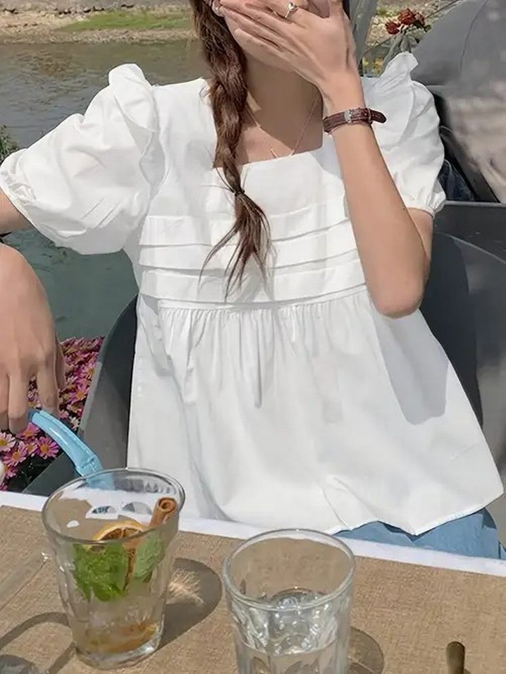 Beyaz Balon Kollu Arkadan Daraltılabilen Pinterest Bluz - Görsel 4