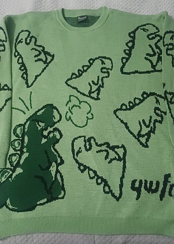 Yeşil Oversize Dinozor Desenli Triko Kazak - Görsel 3