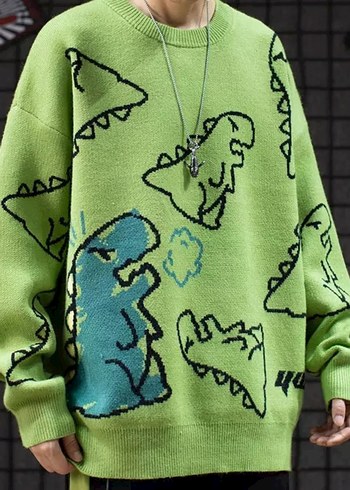 Yeşil Oversize Dinozor Desenli Triko Kazak - Görsel 2