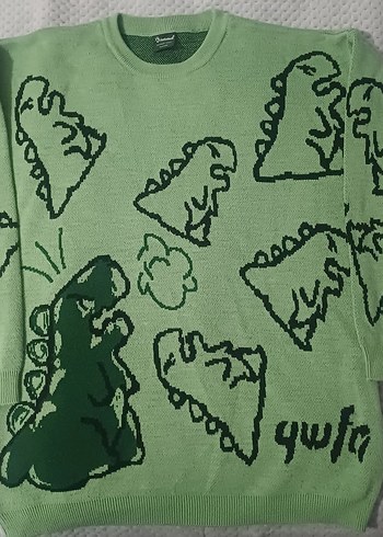 Yeşil Oversize Dinozor Desenli Triko Kazak - Görsel 4