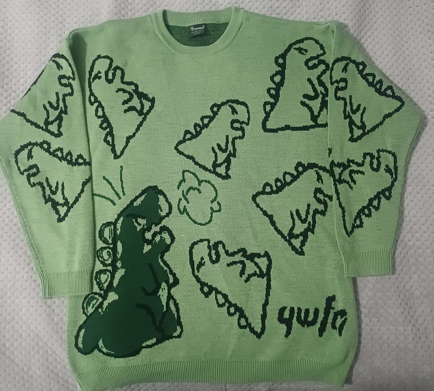 Yeşil Oversize Dinozor Desenli Triko Kazak - Görsel 4