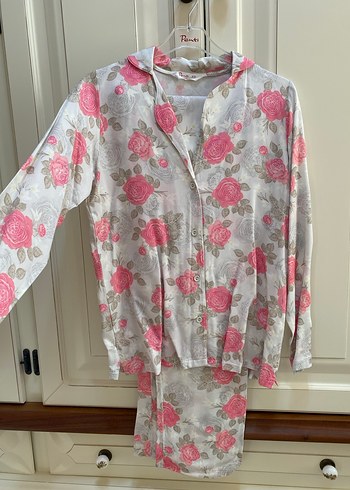 Pembe Gri Çiçekli Uzun Kollu Kadın Pijama Takımı - Görsel 2