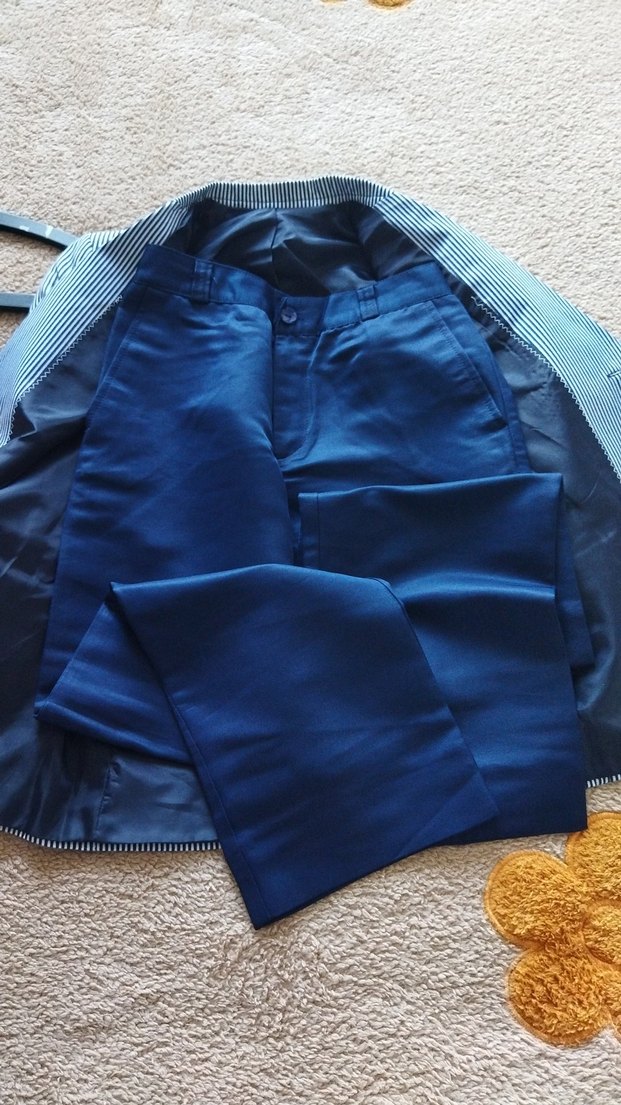 Düğmeli Çizgili Mavi Erkek çocuk Takım Elbise - Görsel 4